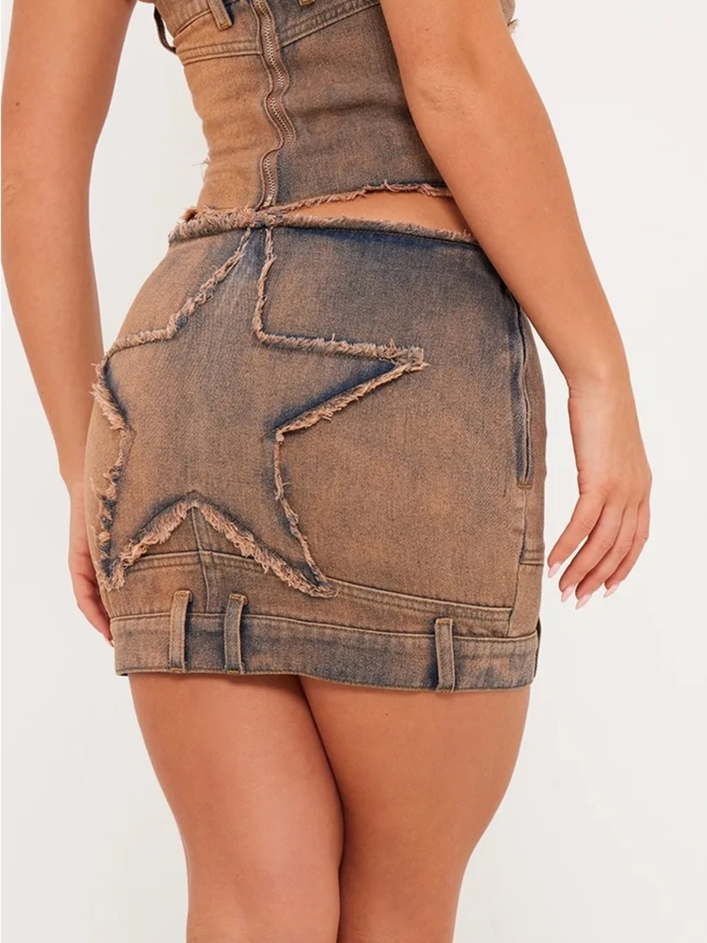Distressed Star Detail Denim Mini Skirt - Brown